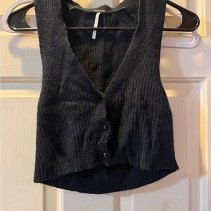 Free People Black Ribbed V-Neck Cropped Button Vest